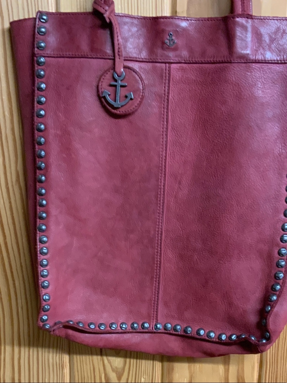 Stud-Trim Red Leather Tote with Anchor Charm - Picture 2 of 6
